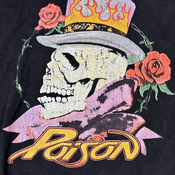 Poison Men's Glam Metal Band Gray Skull/Roses Retro Classic T-Shirt Tee Sz L - Picture 4 of 6